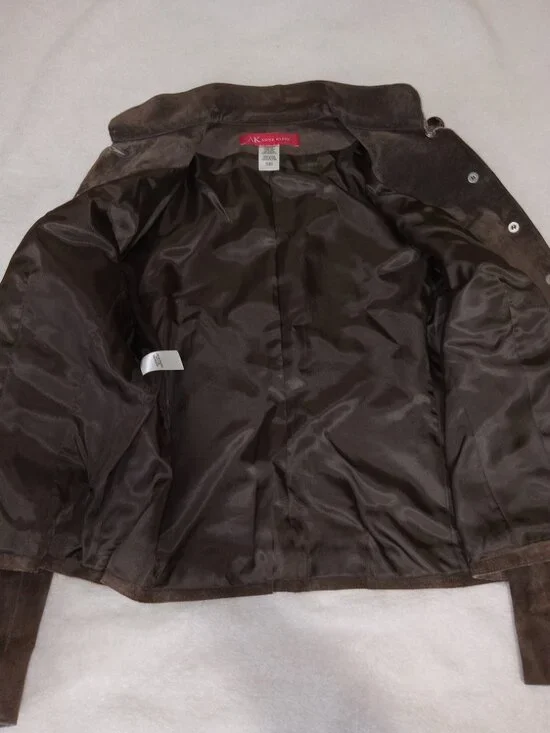 Vintage 90s Anne Klein Suede Leather Jacket Brown Mandarin Collar Button Front M - Picture 8 of 11